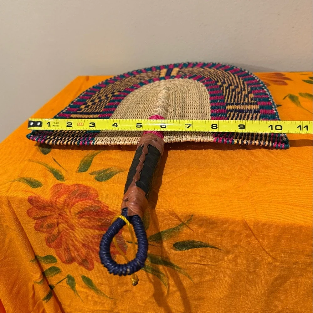 Vintage African Bolga Hand Woven Straw Fan Leather Handle Boho Wall Decor